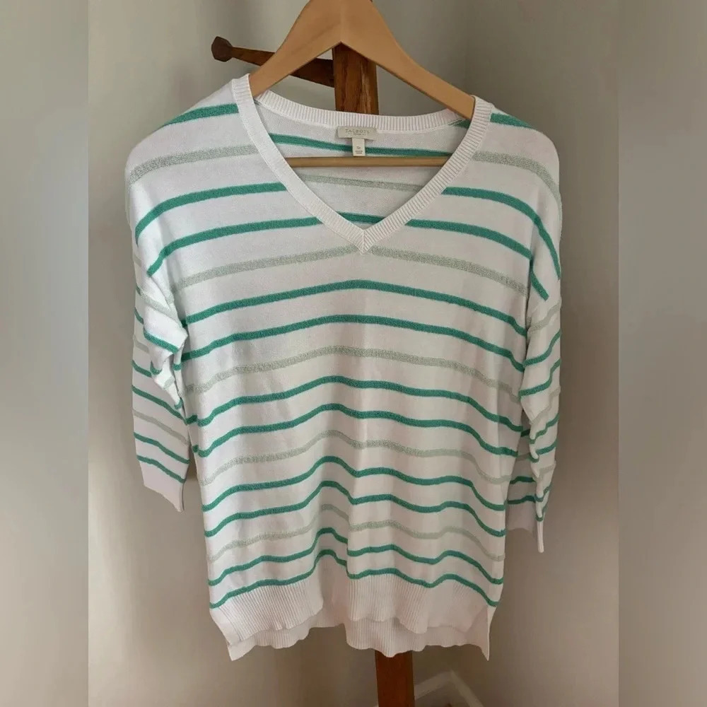 Talbots Small Petite Striped V Neck Cotton Blend 3/4 Sleeve Lightweight Sweater
